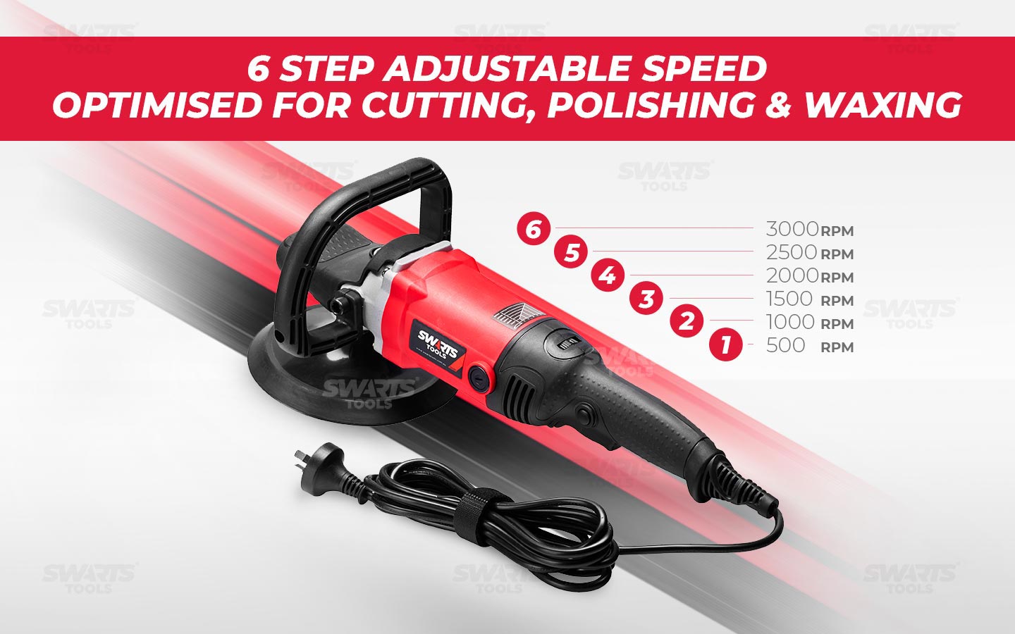 6 step adjustable speed optimised for cutting, polishing & waxing