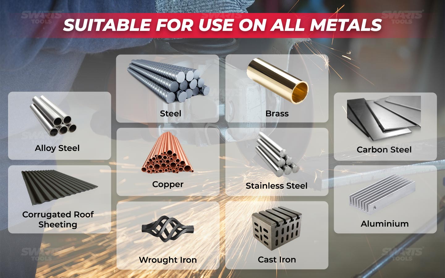 Suitable for us on all metals: Steel, alloy steel, stainless steel, carbon steel, copper, brass, carbon aluminium, cast iron, wrought iron, corrugated roof sheeting