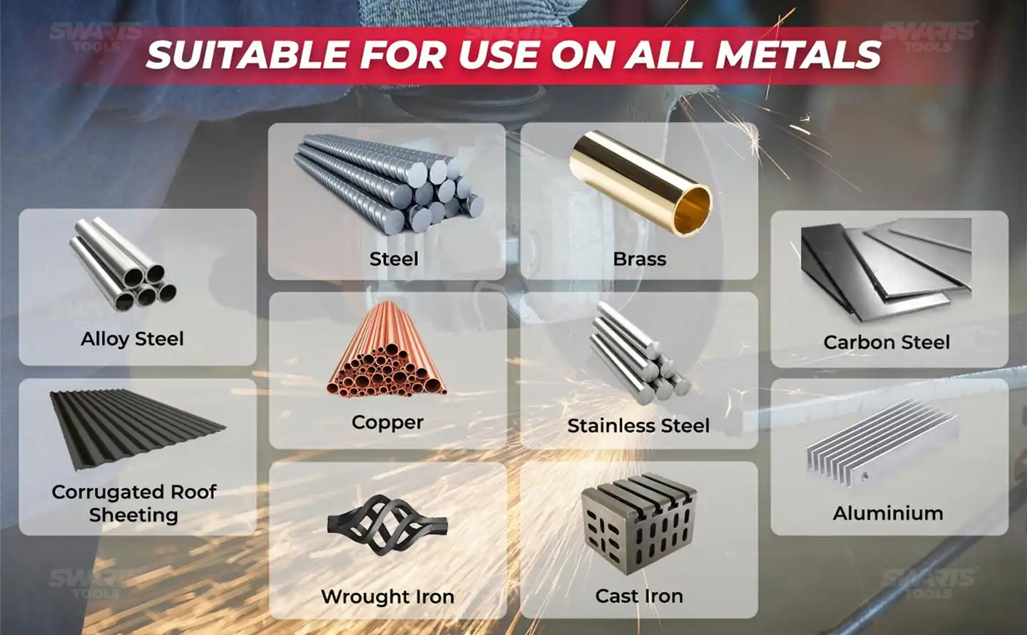 Suitable for us on all metals: Steel, alloy steel, stainless steel, carbon steel, copper, brass, carbon aluminium, cast iron, wrought iron, corrugated roof sheeting