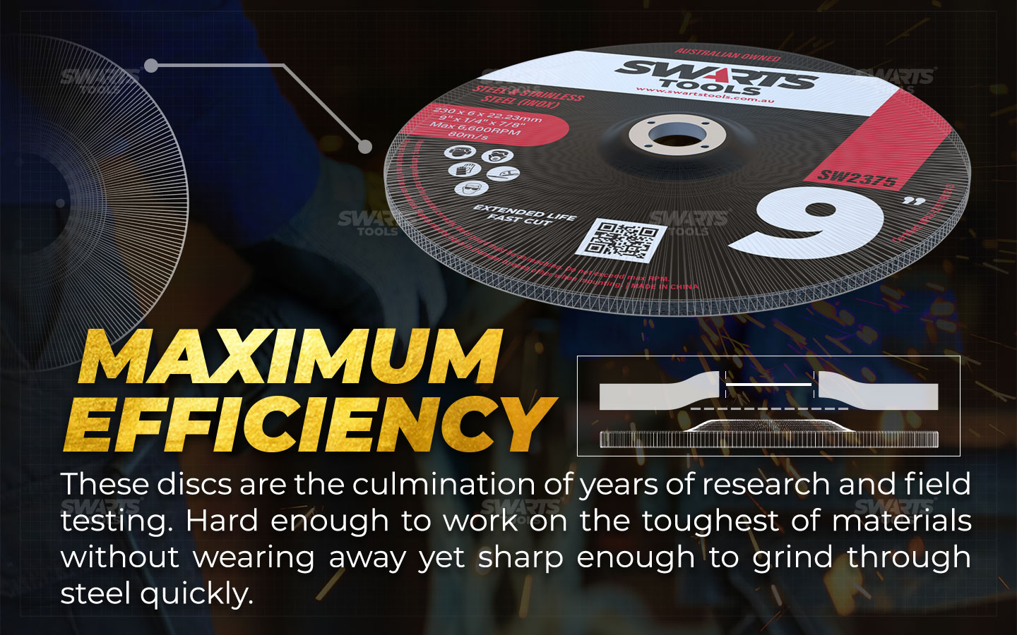 Maximum efficiency, These discs are the culmination of years of research and field testing. hard enough to work on the toughest of matterials without wearing away yet sharp enough to grind through steel quickly.
